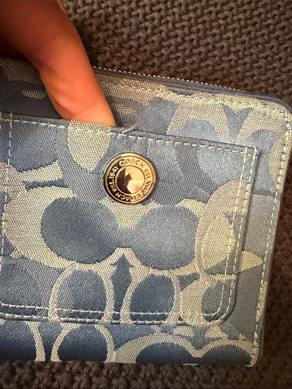 Coach Blue Signature Zip Wallet with Front Pocket